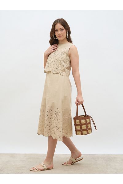 Styli Women Beige Schiffli Sleeveless A-Line Midi Dress