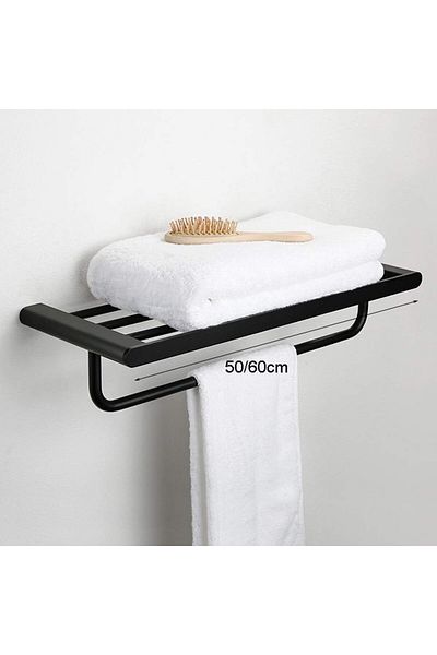 DLC Wall-Mounted Stainless Steel Towel Rack with Shelf - Black Bathroom Hardware & Organizer