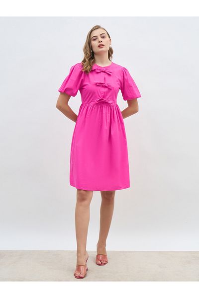 Styli Puff Sleeve Tie-Up Bow Detail Knee Length Dress