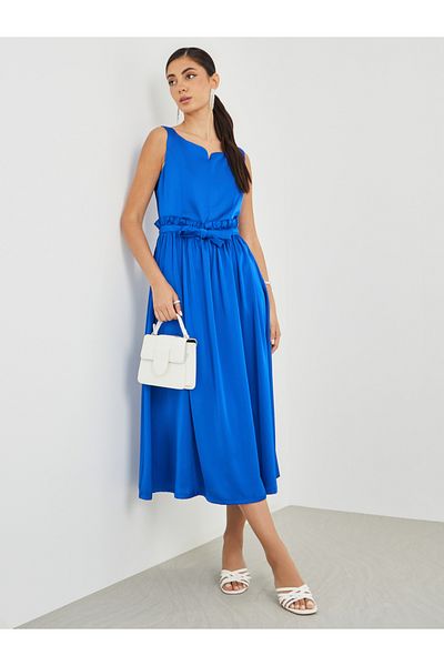 Styli Solid Sleeveless Notch Neck A-Line Midi Dress