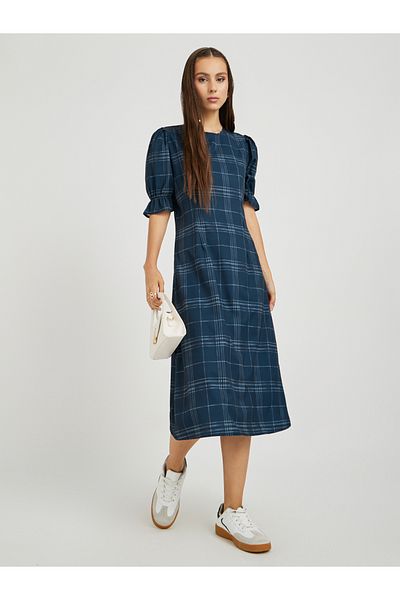 Styli Check Print Puff Sleeve A-Line Midi Dress