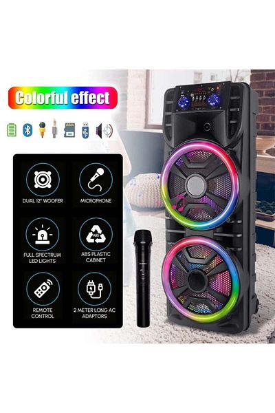 divendi-ro Portable Speaker with 2 Speakers x 12", Bluetooth, 80W, Super Bass, Microphone, Remote Control, RGB