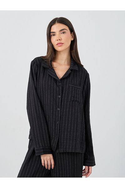Styli Textured Striped Buttoned Shirt and Pyjama Set