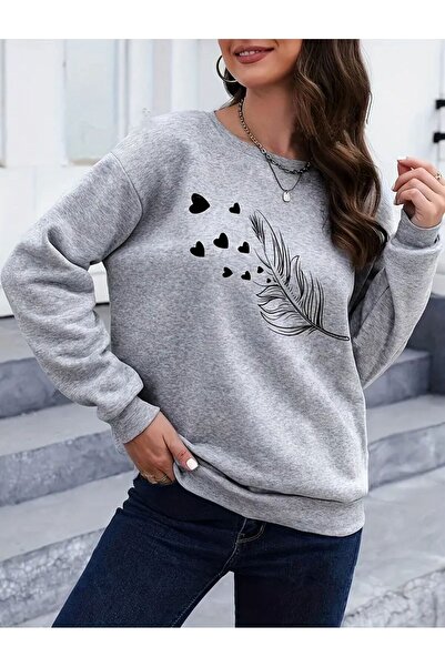 caddekombin Світшот з коміром-стійкою, сірий, з принтом «Пташине пір'я»