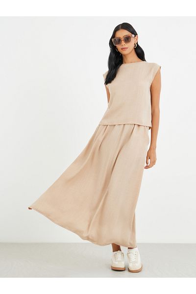 Styli Solid Sleeveless Top and Midi Skirt Co-Ords