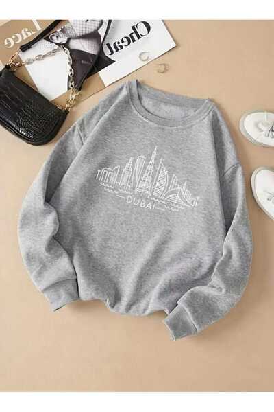 caddekombin Γκρι φούτερ με λαιμόκοψη με στάμπα του Ντουμπάι