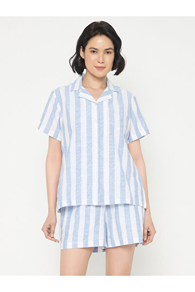 Clovia By Styli Striped Button-Down Cotton Shirt and Shorts Set