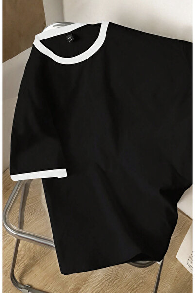 COHERENT Unisex Erkek/Kadın Beyaz Siyah Yaka Oversize Pamuklu T-Shirt Tişört