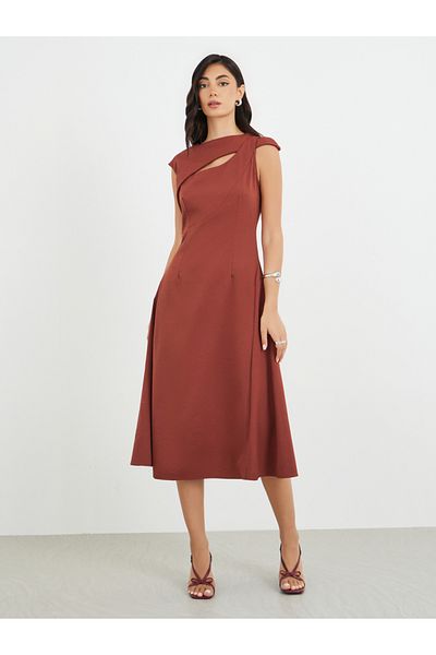 Styli Solid Asymmetric Neckline A-Line Midi Dress