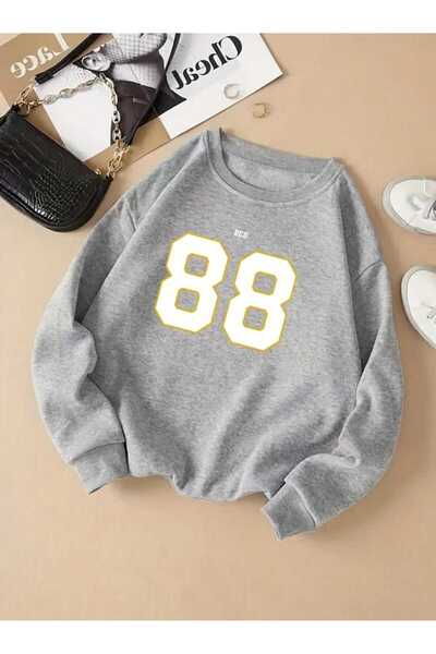 caddekombin Red 88 Printed Crew Neck Gray Sweatshirt