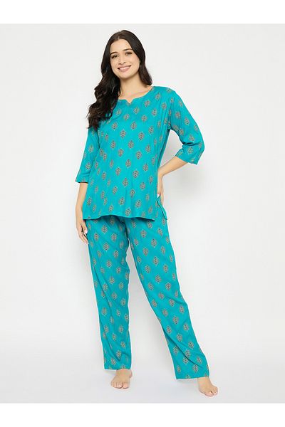Clovia By Styli Leaf Print Notch Neck Top and Pyjama Set