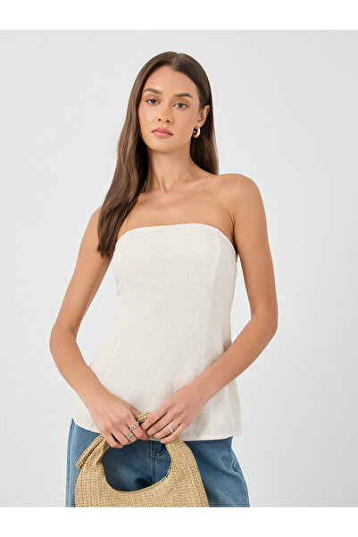 Styli بلوزة بتصميم كتان وفتحة رقبة على شكل شريط