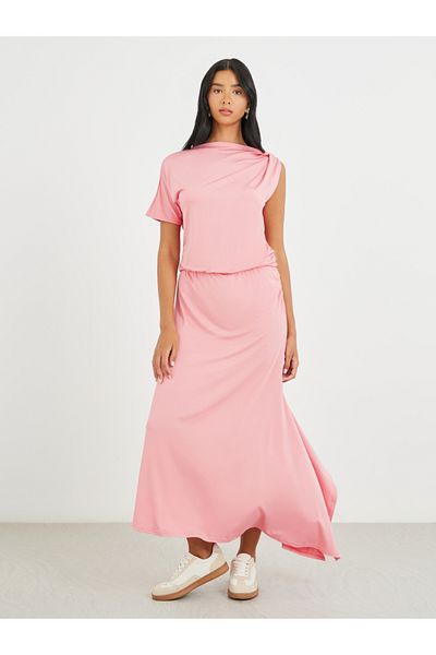 Styli Solid One Short Sleeve Asymmetric Neck Maxi Dress