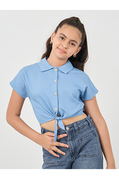 Styli Solid Spread Collar Tie-Up Crop Shirt