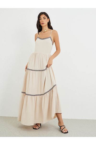 Styli Solid Strappy Tiered Maxi Dress