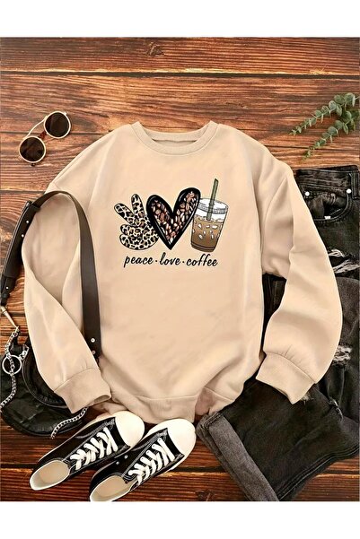 caddekombin Φούτερ με στάμπα Peace Love Coffee με λαιμόκοψη σε μπεζ χρώμα
