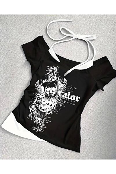 Violon Black Gothic Victory Love Collar Short Sleeve Full Body Crop with Addi...