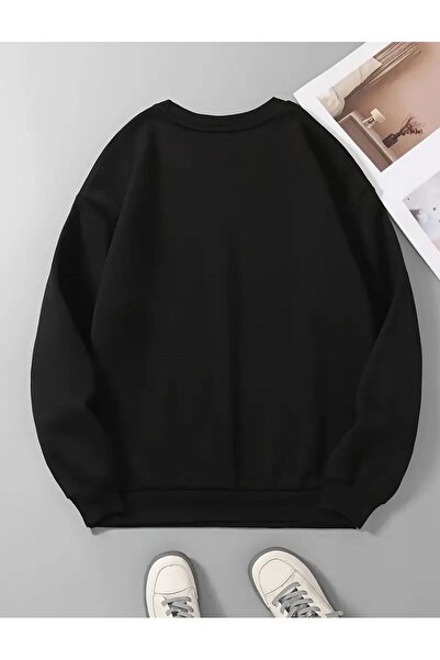 caddekombin Cute Bear Printed Crew Neck Black Sweatshirt