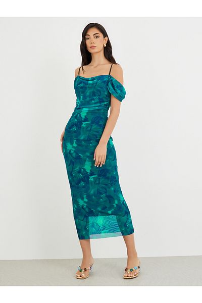 Styli Printed Off-Shoulder Bodycon Midi Dress