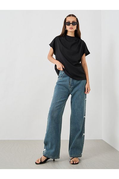Styli Solid Cowl Neck Short Sleeve Top