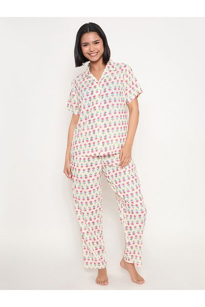 Clovia By Styli All-Over Print Button Down Shirt and Pyjama Set