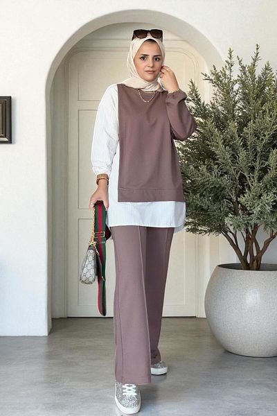 Aselim Hijap Moda Ριγέ πουκάμισο Λεπτομερές Τουνίκ Διπλό Σετ |   Καφέ με τσέπες, φαρδιά πόδια και τουνίκ