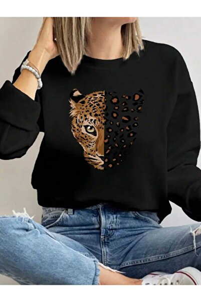 caddekombin Μαύρο φούτερ με λαιμόκοψη με στάμπα λεοπάρ μισό πρόσωπο