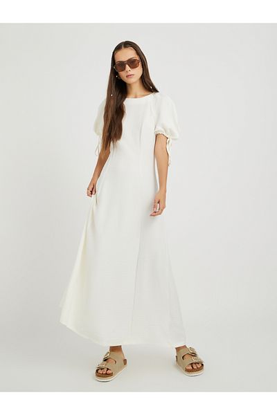 Styli Solid Puff Sleeves Round Neck A-Line Maxi Dress