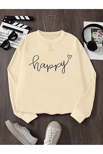 caddekombin Hanorac bej cu gât rotund cu imprimeu Happy