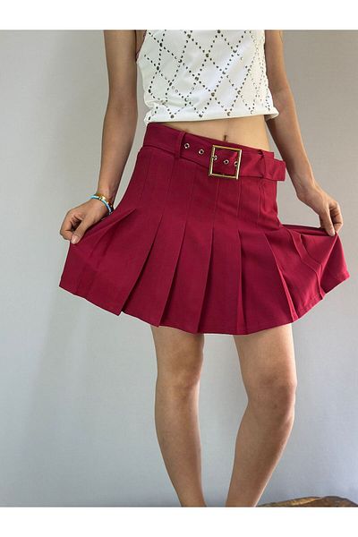 Gönülden Tasarım S Size Belted Red Pleated Women's Skirt