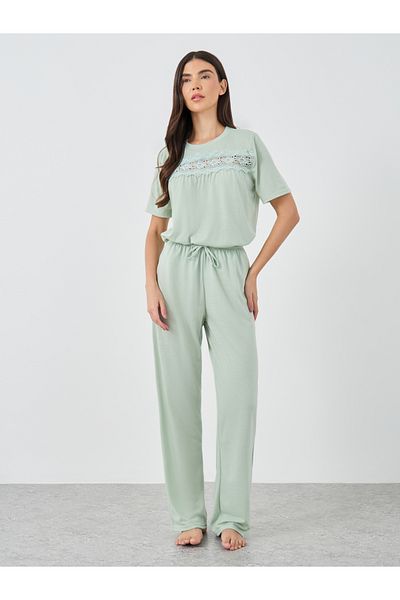 Styli Lace Insert Short Sleeve T-Shirt and Pyjama Set