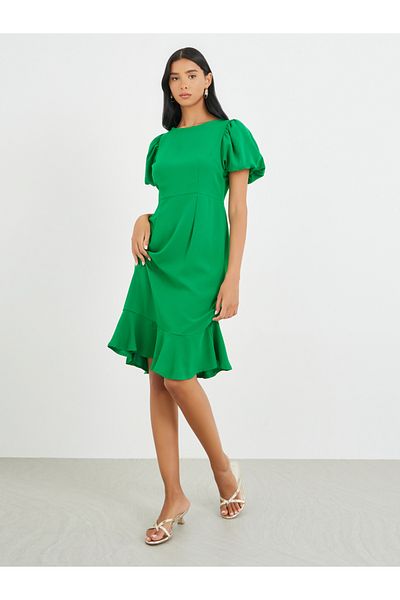 Take Two By Styli Solid Puff Sleeve Ruffle Hem Knee Length Dress
