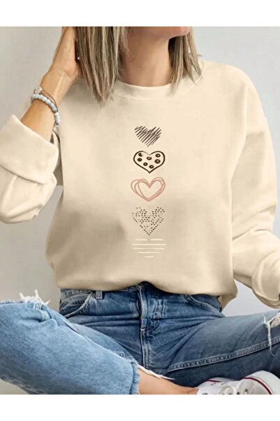 caddekombin Simple Heart Drawing Printed Crew Neck Beige Sweatshirt