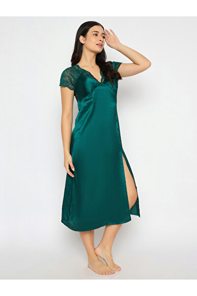 Clovia By Styli Solid Padded V Neck Satin Nightdress with Lace Insert