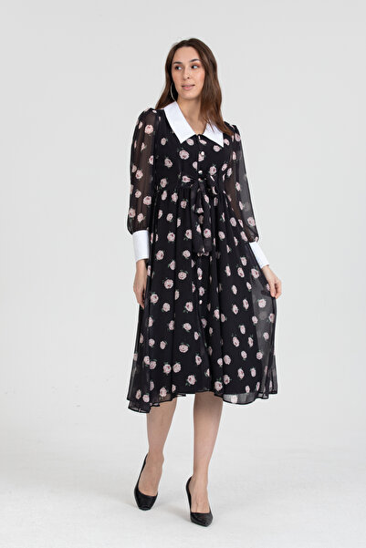 Stylish فستان اسود مورد بياقه بيضاء شيفون