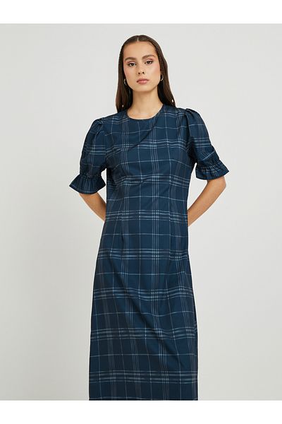 Styli Check Print Puff Sleeve A-Line Midi Dress