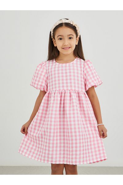 Styli Girls Pink Gingham Check Seersucker A-Line Dress