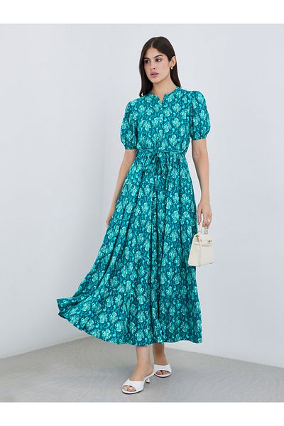 Styli Printed Mandarin Collar Puff Sleeves Maxi Dress