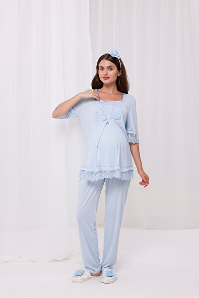 Yulem Homewear Set de pijamale de maternitate din bumbac cu design cu mâneci și guler albastru