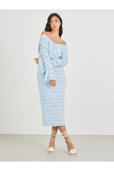 Styli Solid Ruffle Trim Off Shoulder Neck Sheath Midi Dress
