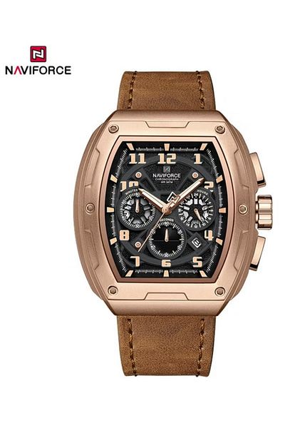 Naviforce Modern Chronograph Watch for Men with Unique Square Case Design Durable Leather Strap Luminous