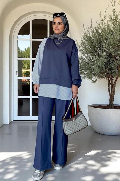 Aselim Hijap Moda Ριγέ πουκάμισο Λεπτομερές Τουνίκ Διπλό Σετ |   Anthracite Grey με τσέπες, φαρδιά πόδια και τουνίκ
