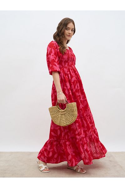 Styli All-Over Print Smocked A-Line Maxi Dress