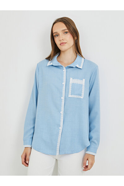 Styli قميص كبير الحجم بأكمام طويلة وحواف دانتيل سادة