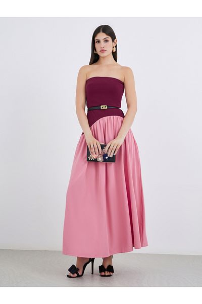 Styli Women Color Block Strapless A-Line Maxi Dress with Belt Detail