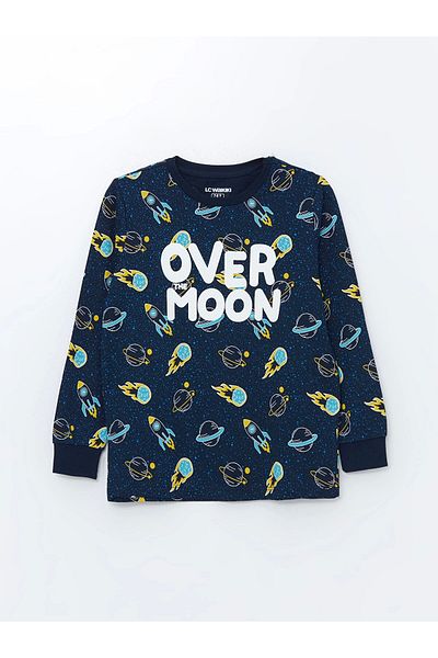 LC Waikiki Lcw Kids Navy Blue Crew Neck Printed Long Sleeve Boy's Pajamas Set