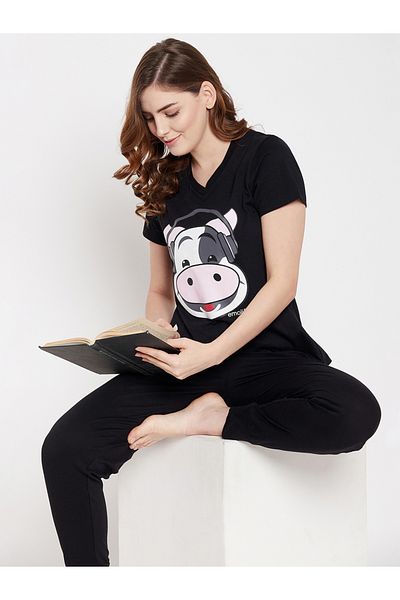 Clovia By Styli Graphic Print V Neck Cotton T-Shirt and Solid Joggers Set