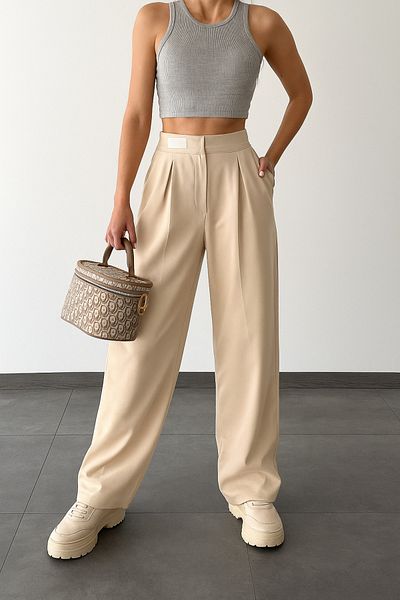 owwon Women's Waist Detailed Beige Palazzo Trousers with Elastic Waist