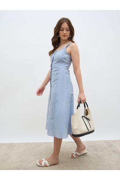 Styli Women Blue Schiffli Sleeveless A-Line Midi Dress with Button Front