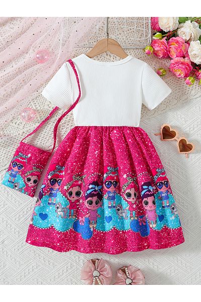 Take Two By Styli Embellished Color Block Round Neck Knee-Length Dress with Bag